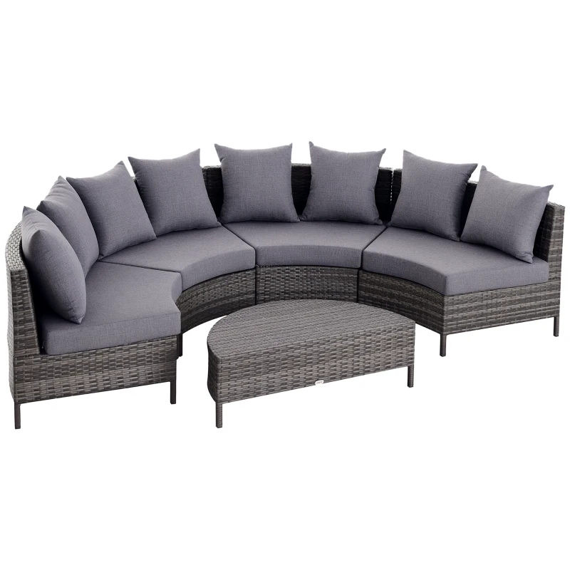 Outsunny 5PC Patio Furniture Set Outdoor Garden Rattan Wicker Sofa Cushioned Half-Moon Seat Deck with Pillow, Table, Grey