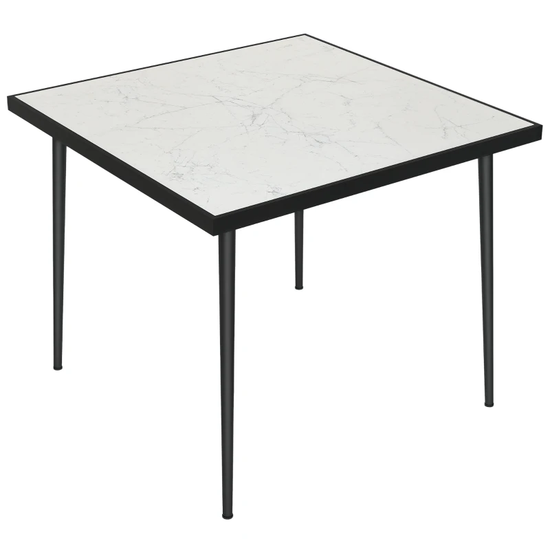 Outsunny Outdoor Dining Table for 4, Square Patio Dining Table with Marble Effect Tempered Glass Top and Steel Frame, White