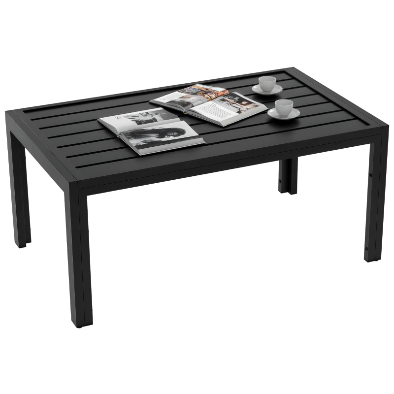 Outsunny Outdoor Coffee Table, Rectangular Patio Side Table with Steel Frame and Slat Tabletop for Garden, Balcony, Black