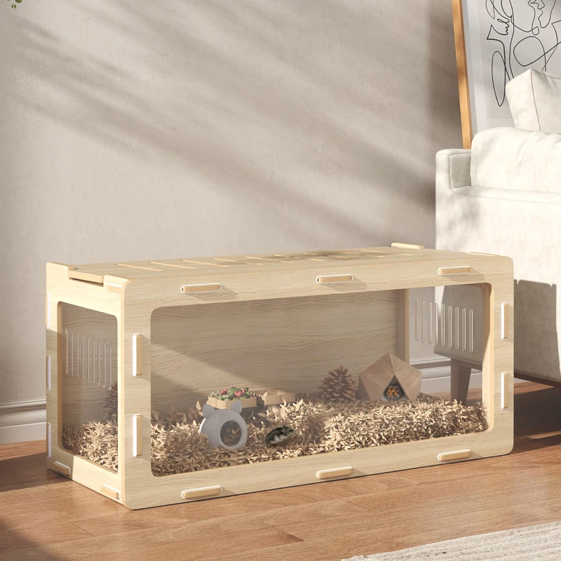 PawHut Hamster Cage with Easy View Acrylic Panels, Air Vents & Openable Roof, for Gerbil, Guinea Pig, 39" x 20" x 18.5", Oak