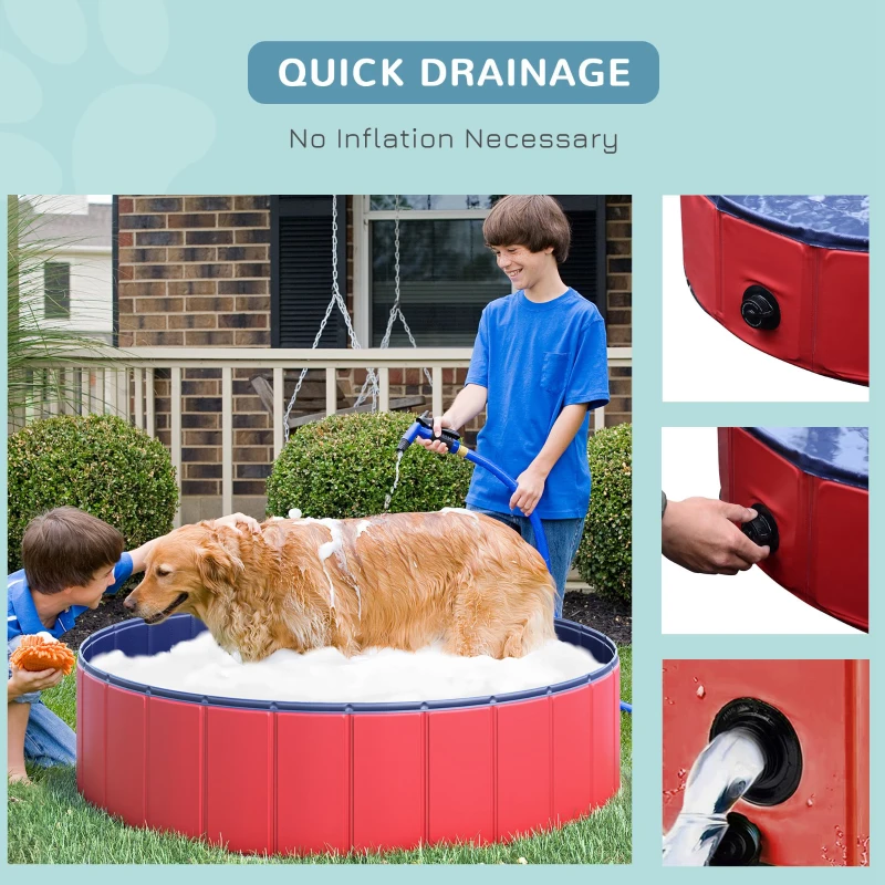 PawHut Foldable Pet Swimming Pool, Portable Dog Bathing Tub, 12" x 47" Plastic Large Dog Pool for Outdoor Dogs and Cats, Red