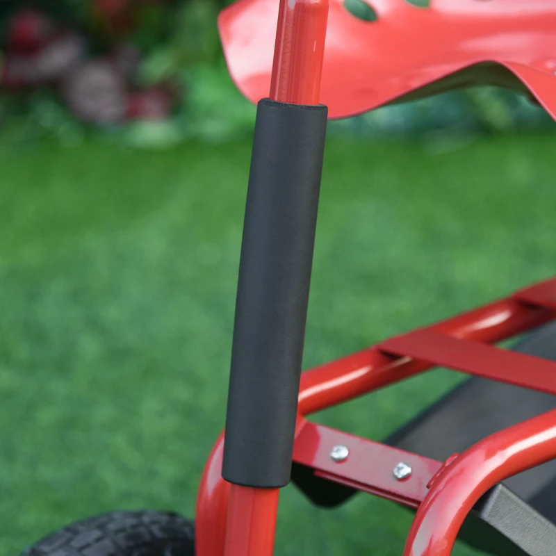 Outsunny Garden Scooter, Rolling Cart with Swivel and Adjustable Seat, Tool Tray, Bucket Basket, Red and Black