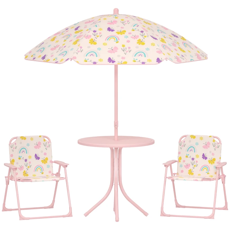 Qaba Kids Picnic Table and Chair Set, Outdoor Activity Table with Foldable Chairs, Removable Umbrella for Backyard, Pink