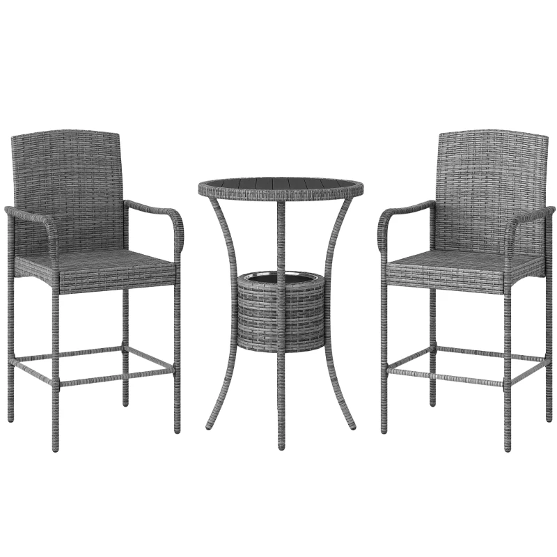 Outsunny 3 Pieces Patio Bar Set, Rattan Bistro Table and Chairs, Outdoor Conversation Furniture Set with Ice Bucket, Mixed Grey