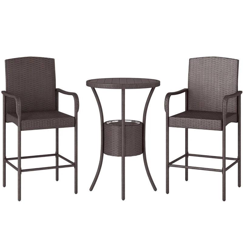 Outsunny 3 Pieces Patio Bar Set, Rattan Bistro Table and Chairs, Outdoor Conversation Furniture Set with Ice Bucket, Dark Brown