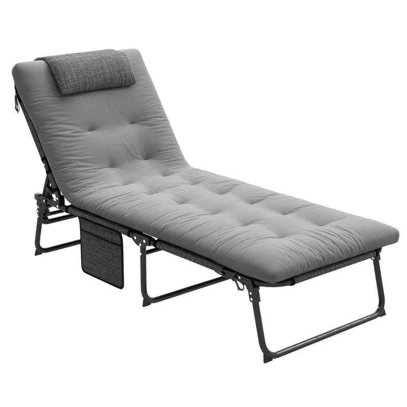 Outsunny Folding Chaise Lounge Pool Chair with 4-level Reclining Back, Cushion, Side Pocket, Headrest, Gray