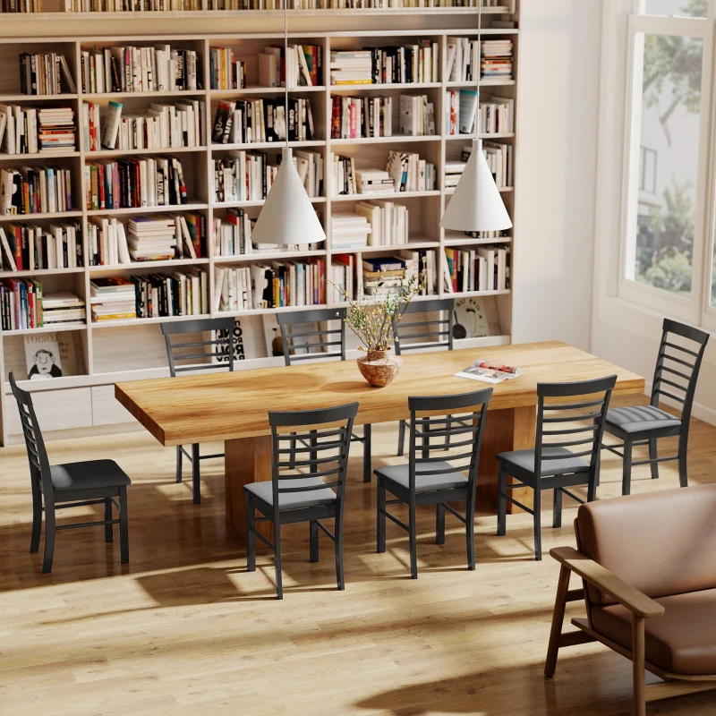 HOMCOM Wooden Dining Chairs Set of 4, Farmhouse Upholstered Kitchen Chairs with Rubber Wood Frame, Black and Gray