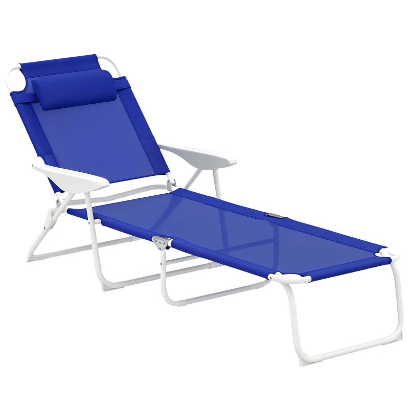 Outsunny Folding Chaise Lounge, Outdoor Sun Tanning Chair, 4-Position Reclining Back, Armrests, Removable Pillow, Blue