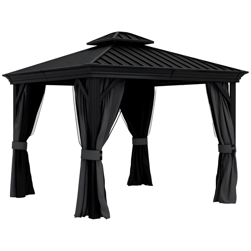 Outsunny 10' x 12' Outdoor Hardtop Gazebo with Galvanized Canopy & Netting Sidewalls for Lawn, Backyard, Dark Grey