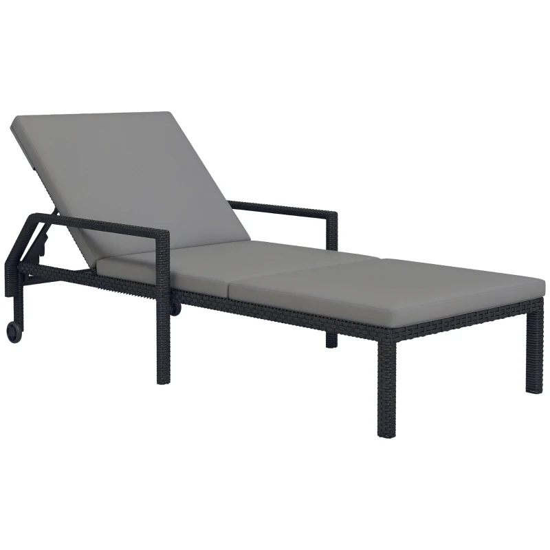 Outsunny Wicker Chaise Lounger with 5-Level Adjustable Backrest, Light Grey