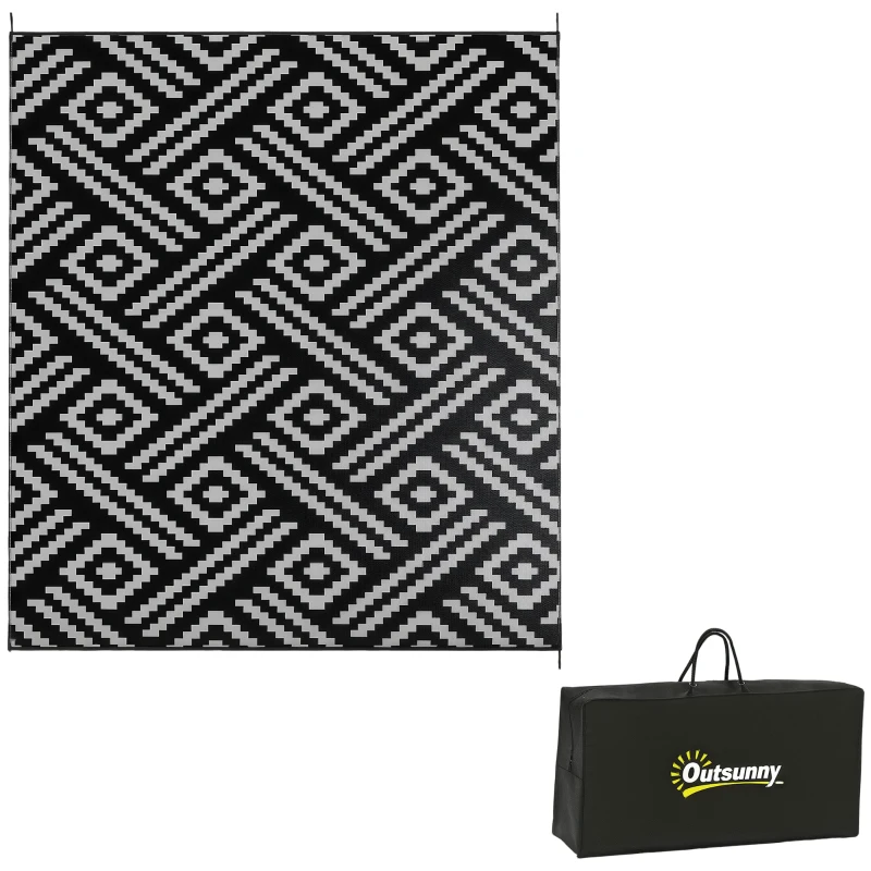 Outsunny Reversible Outdoor Rug Waterproof Plastic Straw RV Rug with Carry Bag, 8' x 10', Black and Grey Geometric