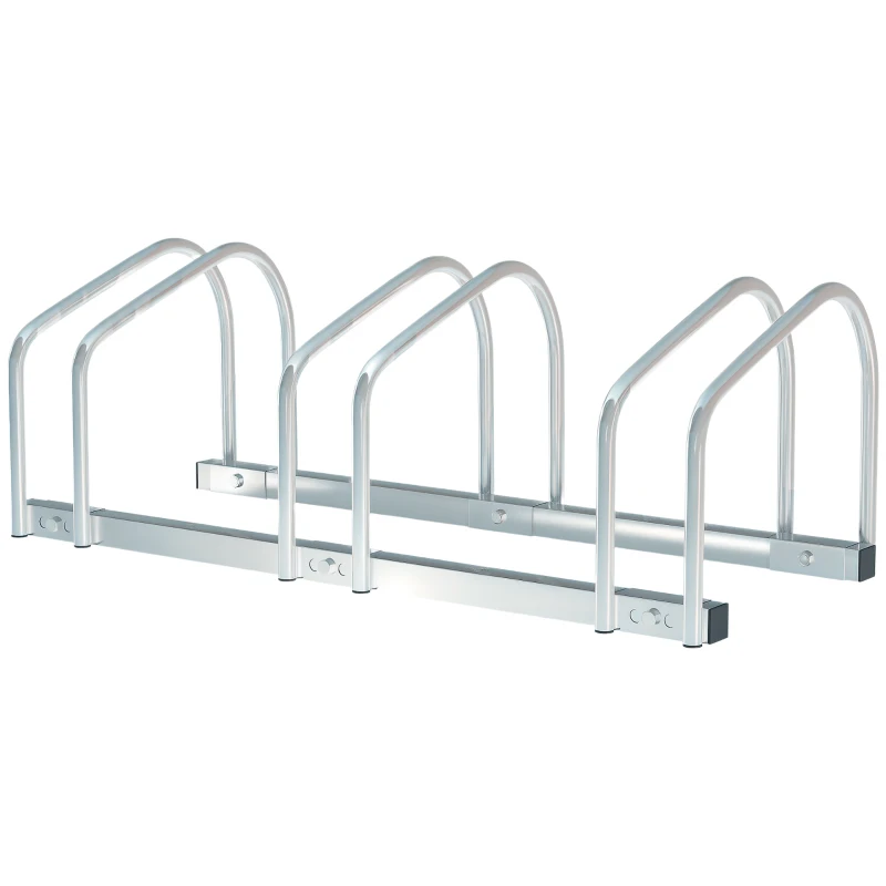 HOMCOM 3-Bike Bicycle Floor Parking Rack Cycling Storage Stand Ground Mount Garage Organizer for Indoor and Outdoor Use Silver