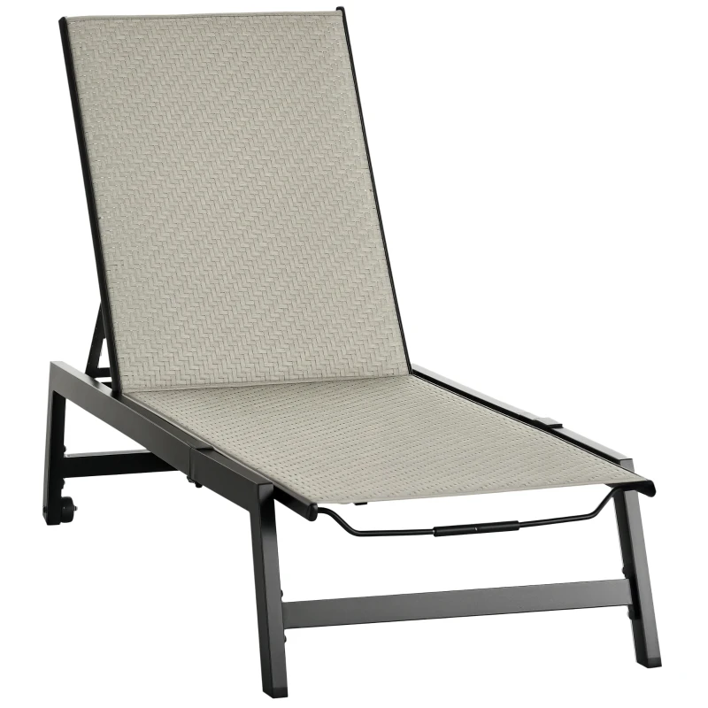 Outsunny Outdoor Rattan Wicker Patio Lounger Chair Sun Lounger w/ 5-Position Backrest and Wheels for Garden, Poolside, Grey