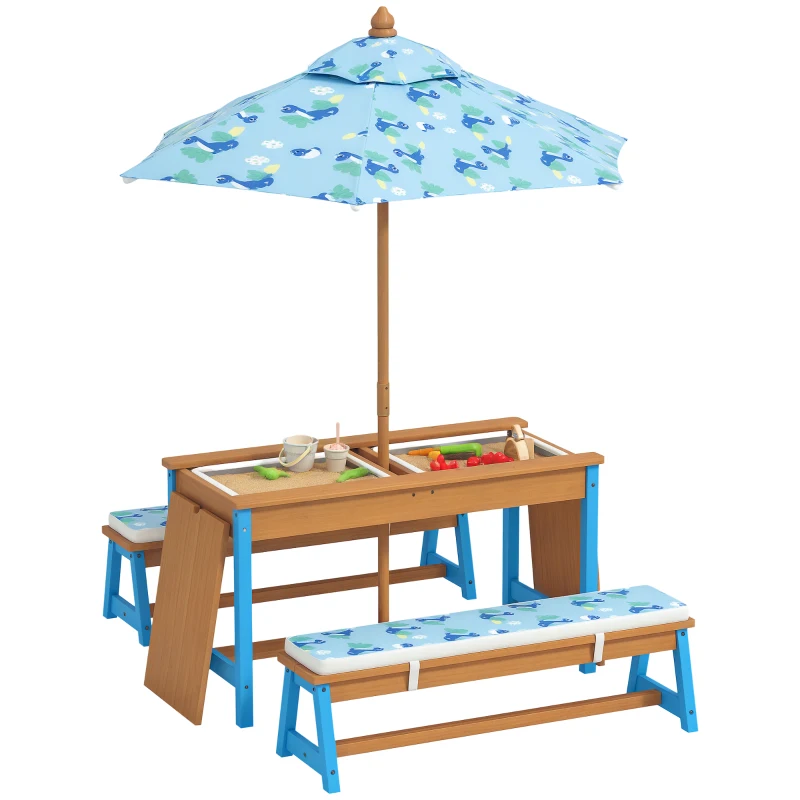 Qaba Kids Picnic Table and Bench Set with Removable Umbrella, Cushions & Boxes, Dinosaur Theme for Outdoor, Blue