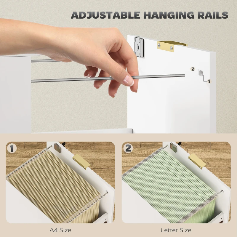 HOMCOM Lockable Filing Cabinet with 3 Fluted Drawers, File Cabinet with Adjustable Hanging Rails for A4 Letter Files, White