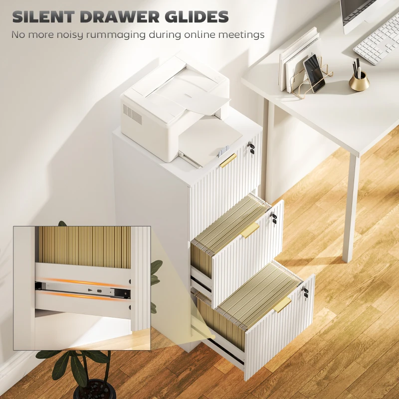 HOMCOM Lockable Filing Cabinet with 3 Fluted Drawers, File Cabinet with Adjustable Hanging Rails for A4 Letter Files, White