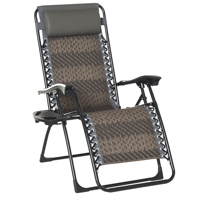 Outsunny Wicker Folding Lounge Chair with Adjustable Backrest, Rattan Recliner Chair with Headrest & Side Table Tray, Grey