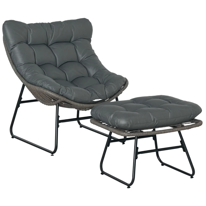 Outsunny Rattan Chair w/ Stool, Cushion, Adjustable Foot Pads, Grey