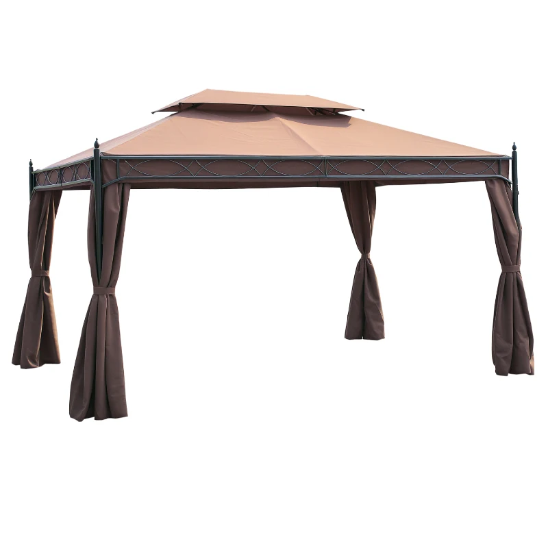Outsunny 10x13ft Garden Gazebo Double-Tiered with Curtain Outdoor Shelter Backyard Canopy, Coffee
