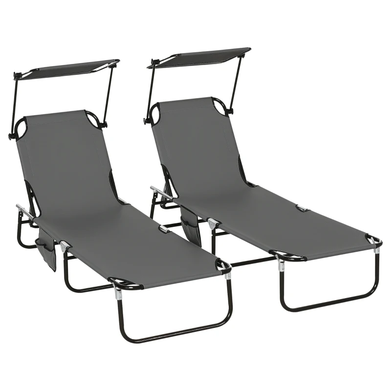 Outsunny Pool Chaise Lounge Chairs Set of 2, Folding Lounge Chairs with Sunshade, Reclining Back, Steel Frame, Dark Gray