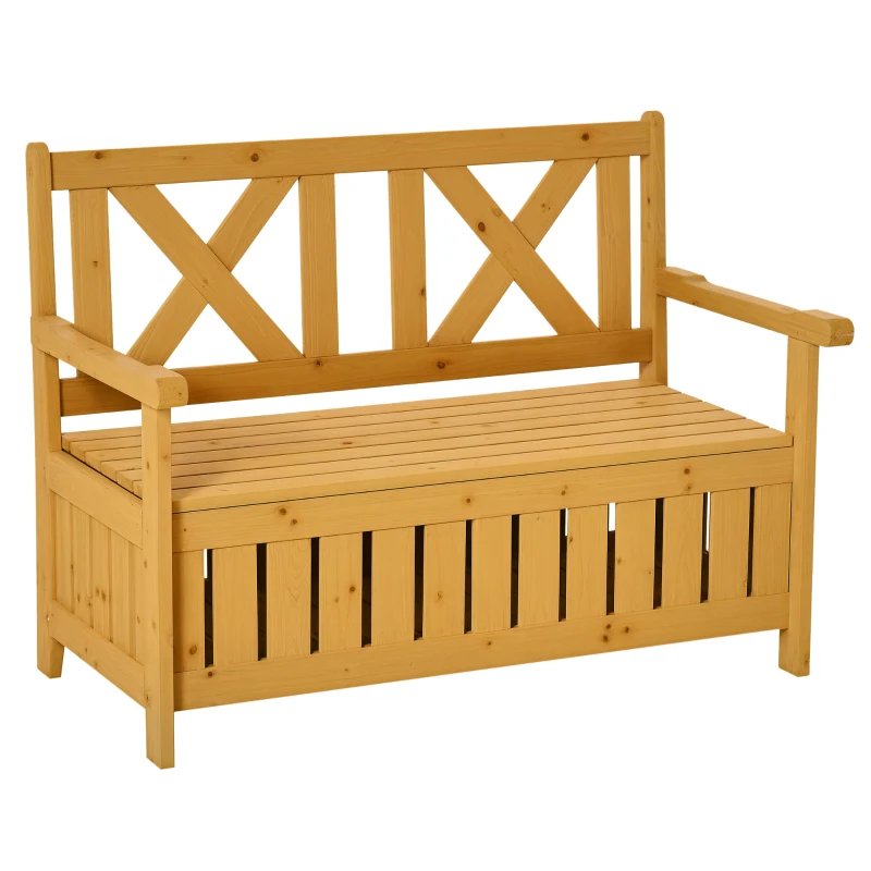 Outsunny Wooden Outdoor Storage Bench 2-Person Patio Bench with Louvered Side Panels and X-Shape Back for Garden, Patio, Yellow