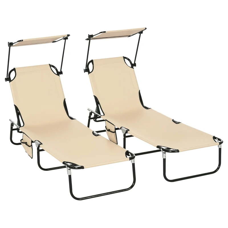 Outsunny 2 Piece Folding Outdoor Chaise Lounges, Pool, Sun, Tanning Chairs with Reclining Back, Sunshade for Beach, Patio, Tan