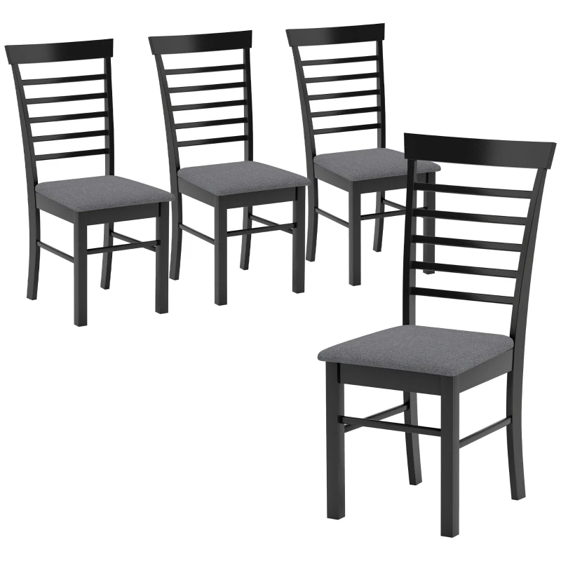 HOMCOM Wooden Dining Chairs Set of 4, Farmhouse Upholstered Kitchen Chairs with Rubber Wood Frame, Black and Gray
