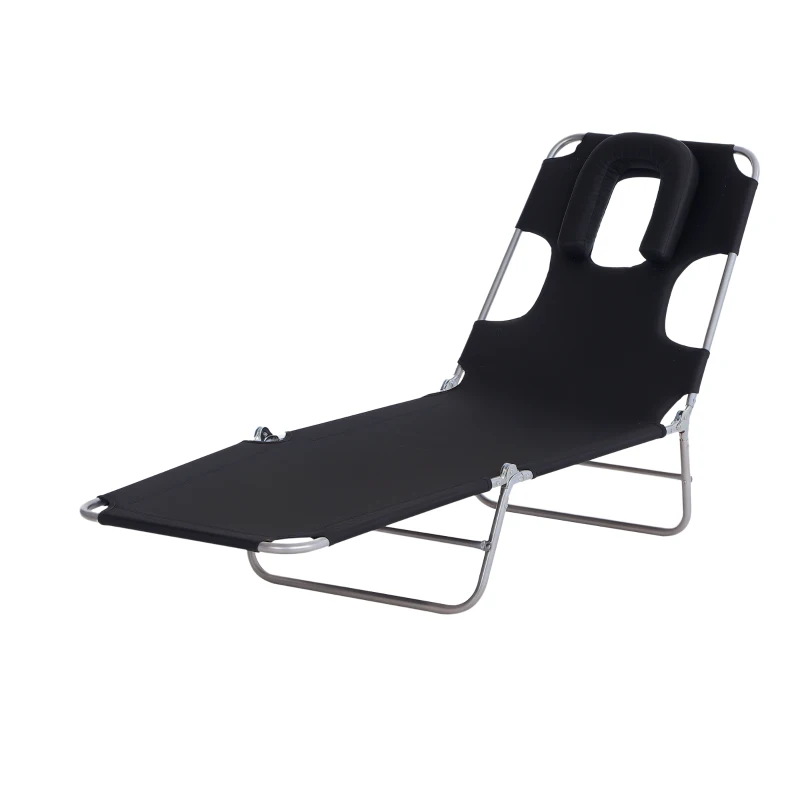 Outsunny Outdoor Lounge Chair, Adjustable Folding Chaise Lounge with Face Cavity, Tanning Chair Sun Lounger Bed Recliner, Black