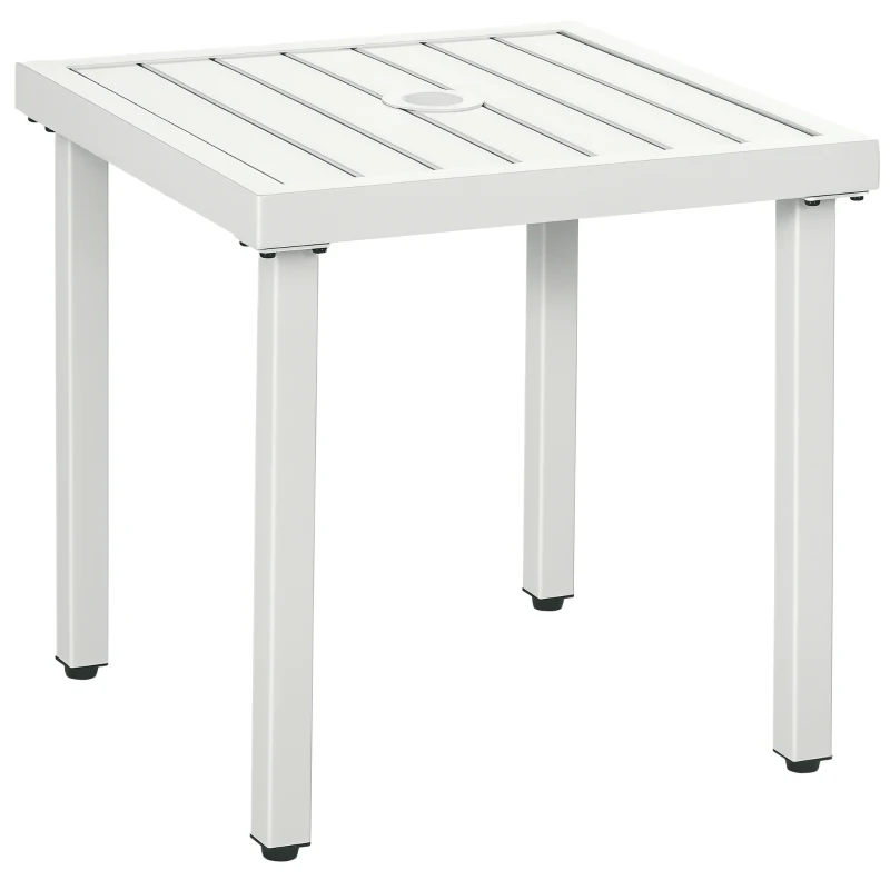 Outsunny Outdoor Side Table, Patio End Table with Umbrella Hole, Small Coffee Table with Steel Frame for Balcony, White