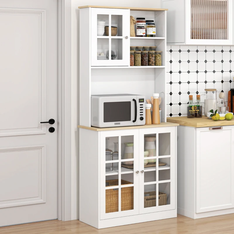 HOMCOM Kitchen Pantry, Buffet with Hutch with 3 Storage Cabinets, 2 Open Shelves and Large Countertop, White