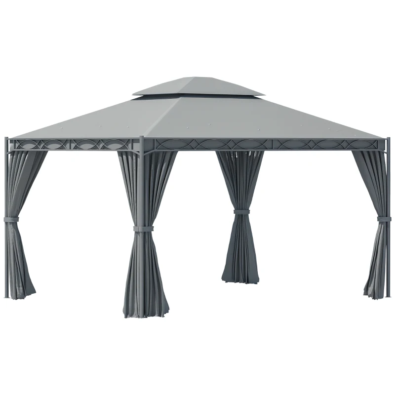 Outsunny 10'x13' Soft-top Patio Gazebo Double-Tiered covered Steel Gazebo with Curtain, Grey