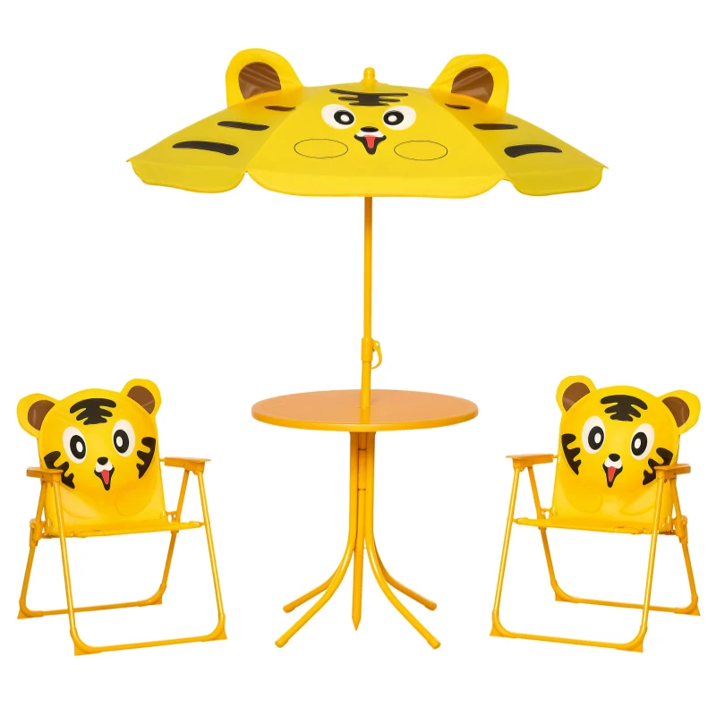 Outsunny Kids Folding Picnic Table and Chair Set Pattern Outdoor Garden Patio Backyard with Removable & Height Adjustable Sun Umbrella Yellow