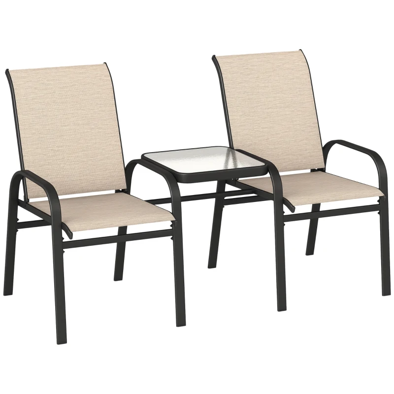 Outsunny Outdoor Loveseat with Glass Table, Garden Patio Bench with Breathable Mesh Seat, High Back, Armrests, Brown