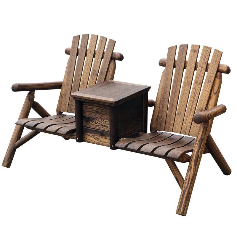 Outsunny 64" Double Wooden Garden Bench with Table, 2-Seater Adirondack Loveseat with Ice Bucket, High Backrest, Armrests, for Yard, Lawn, Porch, Patio, Rustic Brown
