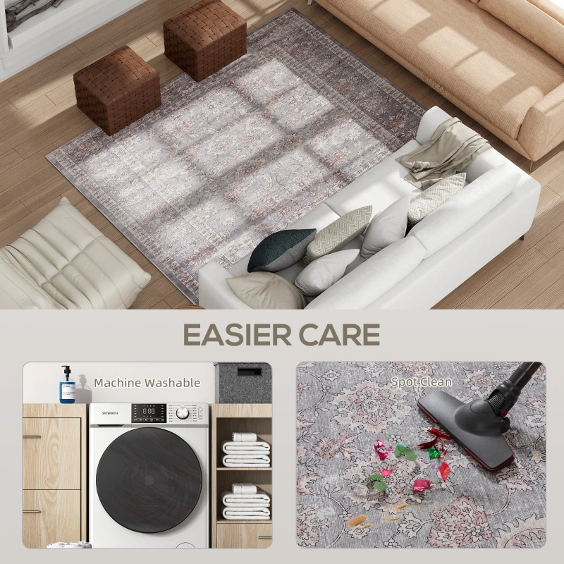HOMCOM Machine Washable Area Rug 4x6, Non-Slip Traditional Flower Print Floor Carpet for Living Room, Bedroom, Grey and Brown