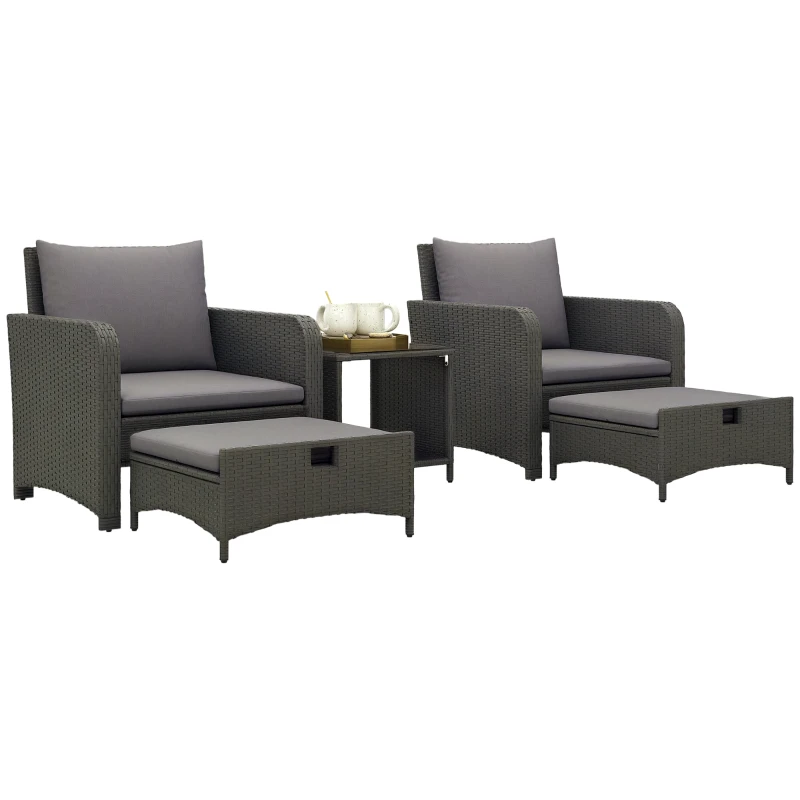 Outsunny 5 Piece Rattan Balcony Furniture Set, Wicker Outdoor Furniture Set with 2-Tier Coffee Table, Ottomans, Grey