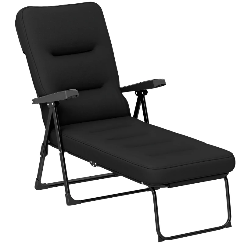Outsunny Folding Outdoor Lounge Chair with Cushion, Adjustable Backrest, Reclining Patio Garden Chair with Footrest, Black
