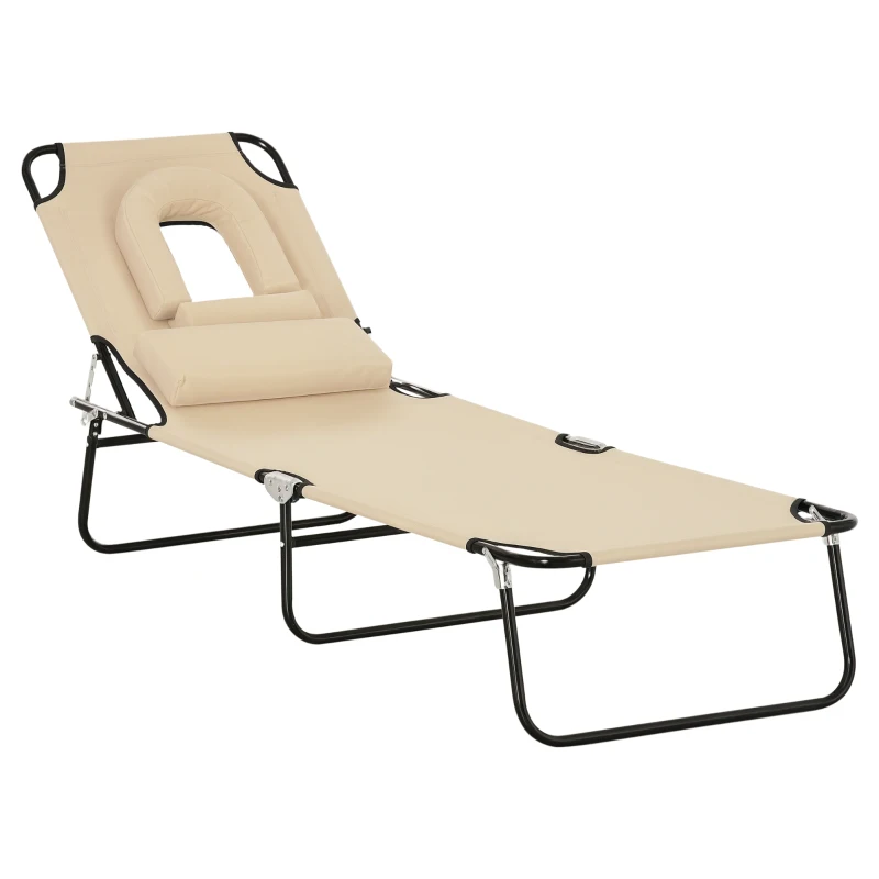 Outsunny Outdoor Lounge Chair, Garden Folding Chaise Lounge w/ Adjustable Backrest, Face Hole and Support Pillow, Beige