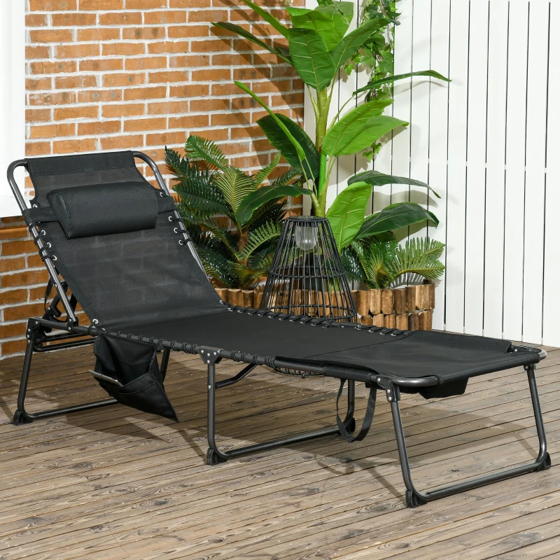 Outsunny Folding Chaise Tanning Lounge Chair w/ 5-level Reclining Back, Reading Hole, Side Pocket, Headrest, Black