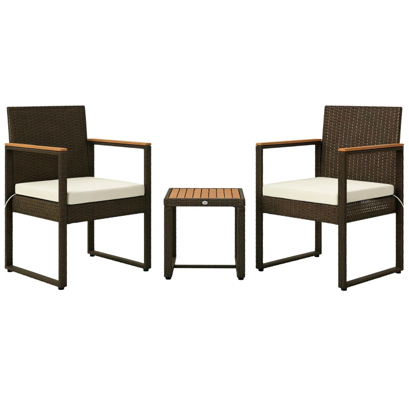 Outsunny 3 Pieces Wicker Patio Furniture Set, Rattan Bistro Set w/ Acacia Wood Table & Removable Cushions, White
