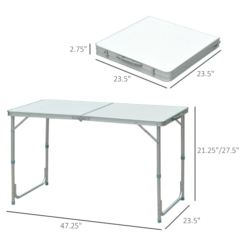 Outsunny 4ft Camping Table Foldable Picnic Garden BBQ Desk Indoor & Outdoor Folding Table with 2 Level Height Adjustable, Aluminum Frame and Carrying Handle, Silver