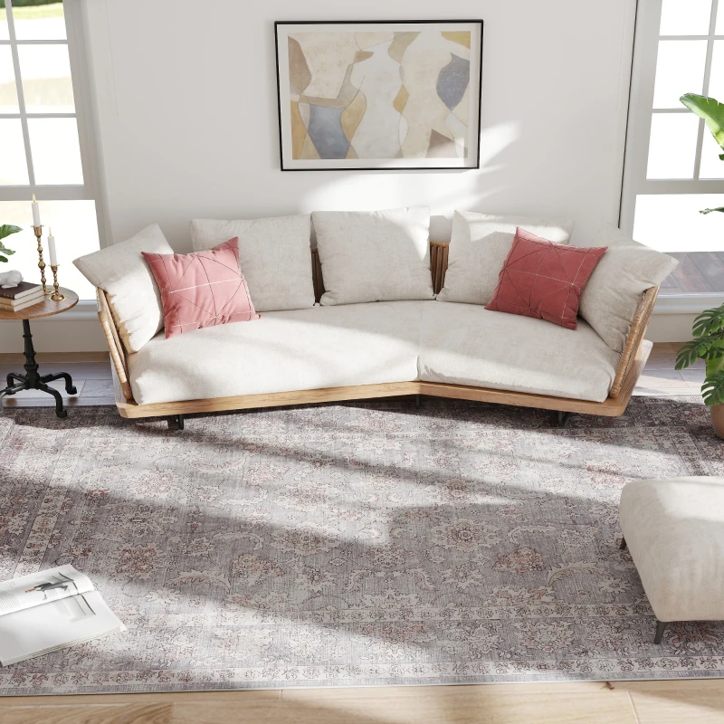 HOMCOM Machine Washable Area Rug 8x10, Non-Slip Traditional Flower Print Floor Carpet for Living Room, Bedroom, Grey and Brown