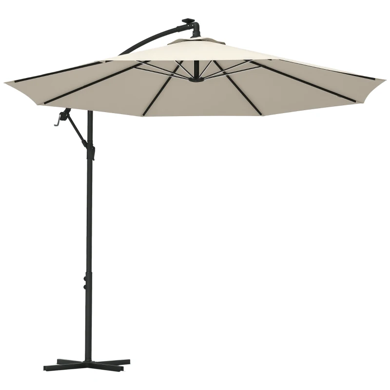 Outsunny 10ft Outdoor Cantilever Hanging Offset Umbrella with Solar LED Lights, Crank, Cross Base, Aluminum Frame, Beige