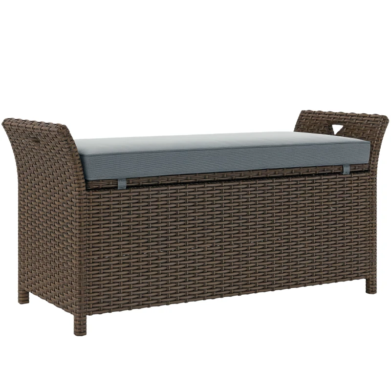 Outsunny 2-In-1 Outdoor PE Rattan Storage Bench, 29 Gallon Patio Wicker Furniture, Basket Box with Handles and Cushion Dark Grey