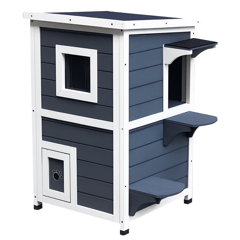 PawHut 2 Story Wooden Outdoor Cat House with Windows, Platforms, Openable Top, Asphalt Roof, Grey