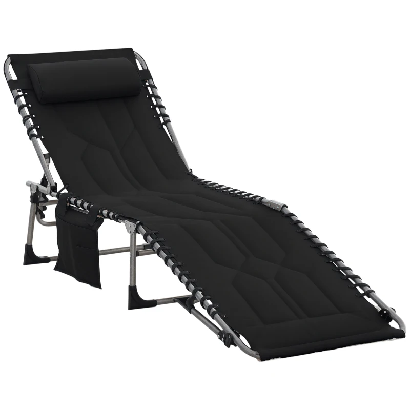 Outsunny Folding Chaise Lounge Chair, Outdoor Padded Reclining Chair with 5-position Adjustable Backrest, Pillow and Pocket for Patio, Deck, Beach, Lawn and Sunbathing, Black