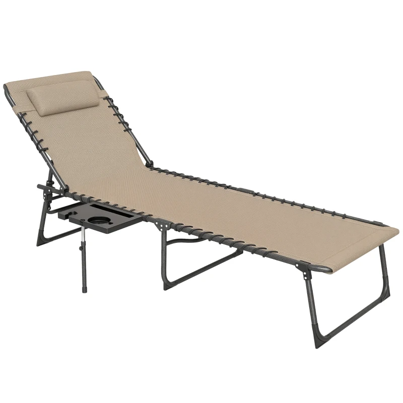 Outsunny Folding Outdoor Chaise Lounge Chair Tanning Chair with 5-Level Adjustable Back, Side Table, Pillow, Pocket, Beige