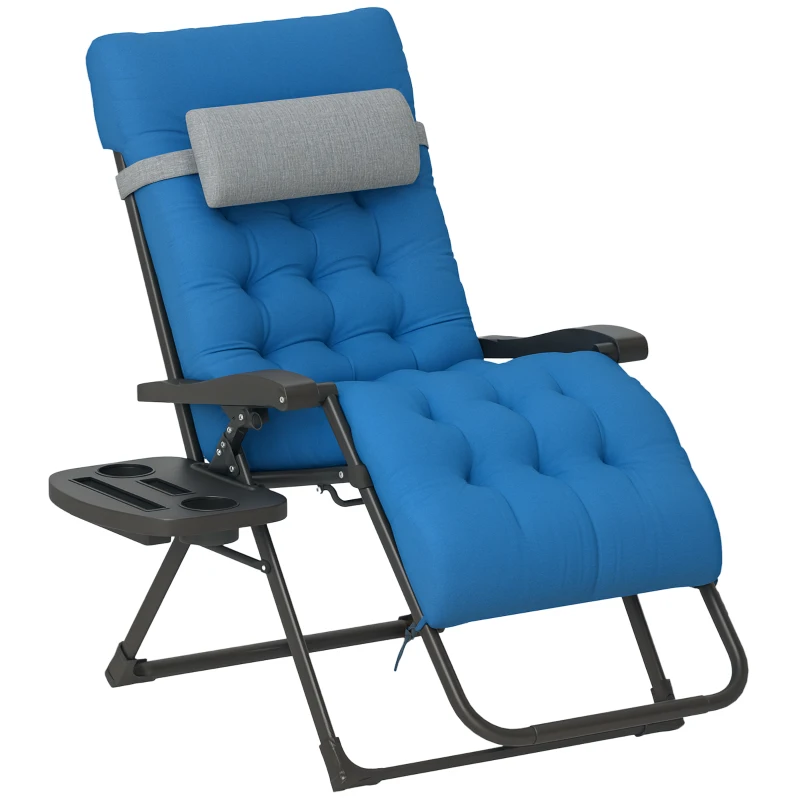 Outsunny Padded Folding Recliner Chair, Patio Lounger with Cupholder, Adjustable Backrest, Removable Cushion, Navy Blue