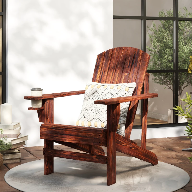 Outsunny Oversized Adirondack Chair, Outdoor Fire Pit and Porch Seating, Classic Log Lounge w/ Built-in Cupholder, Brown