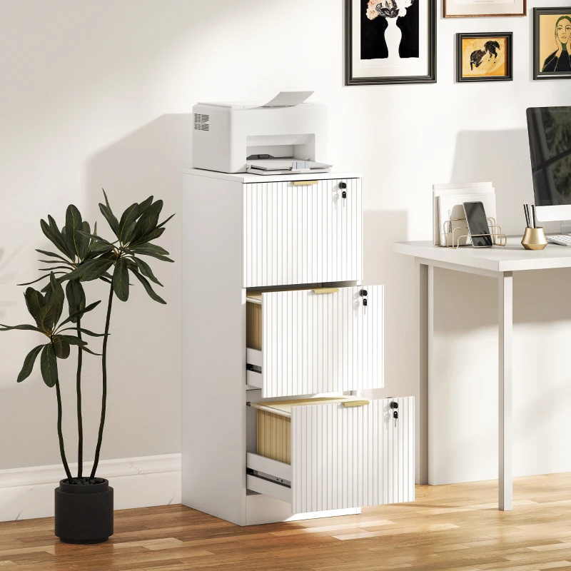 HOMCOM Lockable Filing Cabinet with 3 Fluted Drawers, File Cabinet with Adjustable Hanging Rails for A4 Letter Files, White